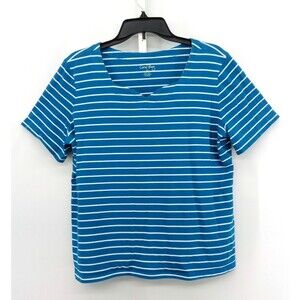 Coral Bay Shirt Women Size XL Teal Blue Striped Short Sleeve Square Neck Casual